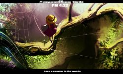 Rule 34 | 1girl, bad id, bad twitter id, blonde hair, brown hat, character name, dew drop, english text, forest, hair ribbon, hat, kukka, letterboxed, moriya suwako, nature, ribbon, scenery, short hair, silk, solo, spider web, touhou, water drop