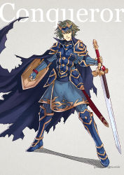 Rule 34 | 1boy, alm (fire emblem), armor, breastplate, english text, fire emblem, fire emblem echoes: shadows of valentia, fire emblem gaiden, full body, gauntlets, greaves, gzei, holding, holding shield, holding sword, holding weapon, looking at viewer, male focus, nintendo, pauldrons, shield, shoulder armor, simple background, smile, solo, sword, weapon