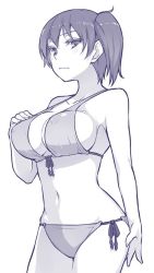 Rule 34 | 10s, 1girl, bikini, breasts, cowboy shot, front-tie bikini top, front-tie top, hand on own chest, hirase yuu, kaga (kancolle), kantai collection, large breasts, monochrome, navel, short hair, side-tie bikini bottom, side ponytail, solo, swimsuit