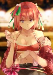 Rule 34 | 1girl, absurdres, ayauchi, blunt bangs, breasts, butterfly hair ornament, christmas, cleavage, go-toubun no hanayome, hair ornament, highres, jacket, medium breasts, midriff, nakano nino, pink hair, red jacket, solo, twintails