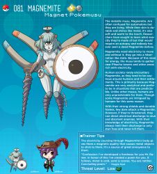 Rule 34 | 1boy, 1girl, artist name, black eyes, blue hair, character name, character profile, commentary, creatures (company), cyclops, electricity, english commentary, english text, game freak, gen 1 pokemon, hat, hat feather, highres, holding, holding shield, holding weapon, joints, kinkymation, magnemite, magnet, nintendo, object through head, one-eyed, open mouth, oversized object, personification, poke ball, poke ball (basic), pokemon, robot joints, screw, screw in head, shield, short hair, weapon