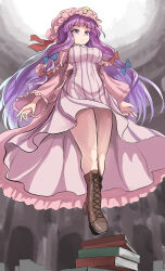 Rule 34 | 1girl, boots, bow, breasts, brown footwear, covered navel, dress, floating, frilled hat, frills, hair bow, hat, highres, large breasts, legs, library, long hair, mob cap, multiple hair bows, namiki (remiter00), patchouli knowledge, pink robe, purple eyes, purple hair, robe, solo, striped clothes, striped dress, touhou, vertical-striped clothes, vertical-striped dress, wide sleeves