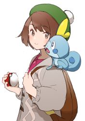 Rule 34 | 1girl, :&gt;, backpack, bag, blue eyes, blush, bright pupils, brown bag, brown eyes, brown hair, closed mouth, creature, creature on shoulder, creatures (company), game freak, gen 8 pokemon, gloria (pokemon), green headwear, grey background, hair between eyes, holding, holding poke ball, looking at another, mogumo, nintendo, on shoulder, open mouth, poke ball, poke ball (basic), pokemon, pokemon (creature), pokemon on shoulder, pokemon swsh, short hair, simple background, sketch, smile, sobble, tongue, white pupils