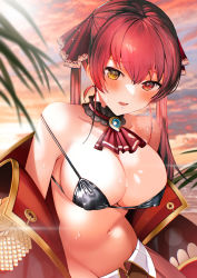 Rule 34 | 1girl, absurdres, ascot, bare shoulders, beach, bikini, bikini top only, black bikini, blush, breasts, cleavage, collar, collarbone, covered erect nipples, detached collar, enomi (enomi), epaulettes, frilled collar, frills, groin, hair between eyes, heart, heart-shaped pupils, heavy breathing, heterochromia, highres, hololive, houshou marine, jacket, large breasts, leaning forward, long hair, looking at viewer, micro bikini, navel, no panties, ocean, off-shoulder bikini, off-shoulder jacket, off shoulder, open mouth, outdoors, palm tree, red ascot, red eyes, red hair, red jacket, solo, string bikini, sweat, swimsuit, symbol-shaped pupils, tree, twintails, upper body, virtual youtuber, water, yellow eyes