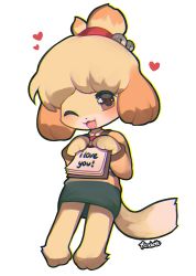 Rule 34 | 1girl, :3, animal crossing, animal ears, animal feet, animal hands, artist name, barefoot, bell, blonde hair, blush, body fur, brown eyes, chromatic aberration, dog ears, dog girl, dog tail, english text, female focus, foxlett, full body, furry, furry female, green skirt, hair bell, hair ornament, hair tie, hands up, happy, heart, holding, isabelle (animal crossing), jacket, jingle bell, long sleeves, miniskirt, nintendo, one eye closed, open mouth, outline, paper, pencil skirt, pigeon-toed, shirt, short hair, signature, simple background, skirt, smile, solo, standing, tail, topknot, two-tone fur, white background, white fur, white shirt, wink, yellow fur, yellow jacket, yellow outline