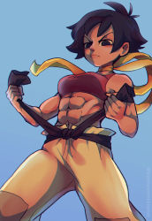 Rule 34 | 1girl, abs, absurdres, adjusting belt, belt, biceps, black belt, black eyes, black hair, blue background, breasts, choker, clenched hands, commentary, dougi, english commentary, highres, joanna went bananas, karate gi, lips, makoto (street fighter), martial arts belt, medium breasts, muscular, muscular female, patch, red sports bra, ribbon, ribbon choker, short hair, solo, sports bra, street fighter, street fighter iii (series), tomboy, topless male, yellow choker, yellow ribbon