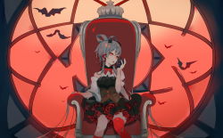 Rule 34 | 1girl, armchair, bare shoulders, black ribbon, black shirt, black skirt, breasts, chair, flower, food, fre (haochilanzuo), fruit, glowing, glowing eyes, grapes, grey hair, hair ribbon, hair rings, hand up, holding, holding food, holding fruit, kneehighs, long hair, luo tianyi, on chair, open mouth, pleated skirt, red eyes, red flower, red rose, red socks, ribbon, rose, shirt, single kneehigh, single sock, single thighhigh, sitting, skirt, sleeveless, sleeveless shirt, small breasts, socks, solo, thighhighs, underbust, very long hair, vocaloid, vsinger
