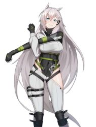 Rule 34 | 1girl, animal ears, asymmetrical clothes, asymmetrical pants, bad id, bad pixiv id, bare shoulders, blue eyes, braid, breasts, buckle, cero (last2stage), covered navel, girls&#039; frontline, gloves, grey hair, hair between eyes, highres, jacket, ksvk (girls&#039; frontline), large breasts, leotard, long hair, looking at viewer, mechanical arms, pants, ribbed leotard, simple background, single mechanical arm, snap-fit buckle, solo, stretching, thigh strap, very long hair, white background, white pants