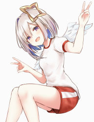 Rule 34 | 1girl, :d, absurdres, amane kanata, angel, angel wings, asymmetrical hair, blue eyes, blue hair, bob cut, colored inner hair, double v, fang, feet out of frame, floating, gym shirt, gym uniform, halo, highres, hololive, huge filesize, looking at viewer, multicolored hair, open mouth, pikao, pink hair, red shorts, shirt, short hair, shorts, silver hair, single hair intake, sitting, skin fang, smile, solo, star halo, streaked hair, t-shirt, v, virtual youtuber, white shirt, white wings, wings