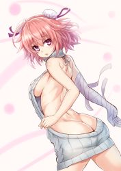 Rule 34 | 1girl, ass, backless dress, backless outfit, bandaged arm, bare back, breasts, butt crack, cowboy shot, double bun, dress, ibaraki kasen, looking at viewer, medium breasts, meme attire, naked sweater, pink eyes, pink hair, short hair, sideboob, solo, sumapan, sweater, sweater dress, touhou, turtleneck, turtleneck sweater, virgin killer sweater