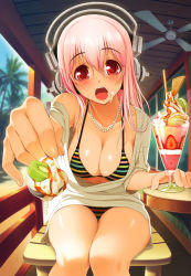 Rule 34 | 1girl, absurdres, bare shoulders, bikini, blush, breasts, cleavage, collarbone, feeding, food, food on face, foreshortening, fruit, headphones, highres, jewelry, kiwi (fruit), multicolored bikini, multicolored clothes, navel, necklace, nitroplus, off shoulder, open mouth, outstretched hand, palm tree, parfait, perspective, pink hair, pov, pov feeding, red eyes, sitting, solo, spoon, striped bikini, striped clothes, super sonico, swimsuit, tree, tsuji santa