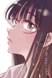 1girl black-framed_eyewear black_hair character_name commentary_request copyright_name from_side glasses himawari-san himawari-san_(character) long_hair looking_at_viewer parted_lips portrait purple_eyes shirt sideways_glance simple_background solo sugano_manami white_background white_shirt