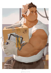 Rule 34 | 1boy, absurdres, animal ears, bara, box, brown hair, cardboard box, cat ears, dark-skinned male, dark skin, earrings, facial hair, fat, fat man, feet out of frame, goatee stubble, goo (koushishikou11), highres, holding, holding box, jewelry, large hands, looking to the side, male focus, mechanic, muscular, muscular male, original, pectorals, pencil behind ear, plump, shirt, short hair, strongman waist, stubble, sunlight, sweat, thick eyebrows, tied sleeves, white shirt