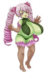 Rule 34 | 1girl, blush, boots, breasts, bright pupils, colored skin, commission, drill hair, dryad, flower, green skin, hair flower, hair ornament, high heel boots, high heels, highres, huge breasts, leaf clothing, long hair, monster girl, nav (itsnav), open mouth, original, pink eyes, pink hair, plant girl, pointy ears, shortstack, simple background, smile, standing, thigh boots, twin drills, very long hair, white background, white pupils