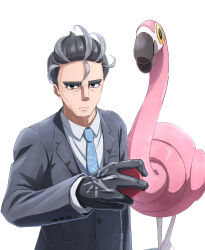 Rule 34 | 1boy, black eyes, black gloves, black hair, black jacket, buttons, closed mouth, collared shirt, commentary request, creatures (company), flamigo, frown, game freak, gloves, grey hair, highres, holding, holding poke ball, itsudzumi, jacket, larry (pokemon), long sleeves, looking at viewer, male focus, multicolored hair, necktie, nintendo, poke ball, poke ball (basic), pokemon, pokemon (creature), pokemon sv, shirt, short hair, streaked hair, two-tone hair, white background