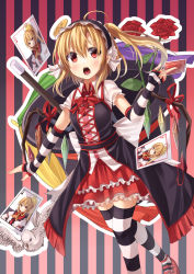 Rule 34 | 1girl, alternate costume, bird, blonde hair, coin, dove, elbow gloves, fang, female focus, fingerless gloves, flandre scarlet, flower, gloves, gurasion (gurasion), hairband, hat, headband, highres, magician, open mouth, red eyes, red flower, red rose, rose, short hair, side ponytail, solo, striped background, striped clothes, striped thighhighs, thighhighs, top hat, touhou, vertical stripes, wand, wings