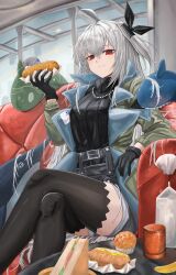 Rule 34 | 1girl, :t, absurdres, ahoge, arknights, black shirt, black thighhighs, coat, commentary request, crossed legs, feet out of frame, grey coat, grey hair, highres, legs, long hair, looking at viewer, official alternate costume, one side up, open clothes, open coat, putcho, red eyes, shirt, sitting, skadi (arknights), skadi (the next afternoon tea) (arknights), solo, thighhighs, thighs, very long hair