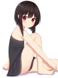 Rule 34 | 1girl, alternate costume, ass, bare legs, bare shoulders, barefoot, black dress, black hair, blush, breasts, commentary request, dress, from side, highres, kanekan, kono subarashii sekai ni shukufuku wo!, looking at viewer, looking to the side, megumin, red eyes, short hair with long locks, simple background, small breasts, smile, solo, thighs, white background