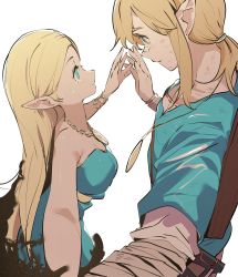 Rule 34 | 1boy, 1girl, absurdres, bare shoulders, blonde hair, dancing, highres, link, long hair, looking at another, nintendo, pointy ears, ponytail, princess zelda, tagme, the legend of zelda, the legend of zelda: breath of the wild