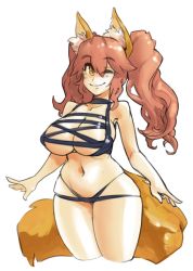 Rule 34 | 10s, 1girl, animal ears, bare shoulders, borvar, breasts, brown eyes, fate/extra, fate (series), fox ears, fox tail, highres, large breasts, looking at viewer, meme attire, navel, one eye closed, red hair, rei no mizugi, simple background, skindentation, smile, solo, swimsuit, tail, tamamo no mae, tamamo no mae (fate/extra), thighs, white background