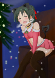 Rule 34 | 1girl, absurdres, alternate hairstyle, animal ears, bell, black choker, black hair, black thighhighs, breath, cat ears, cat tail, choker, christmas tree, closed eyes, commentary, crop top, dress, elbow gloves, facing viewer, fang, francesca lucchini, gloves, green eyes, green ribbon, hair bun, hair ribbon, hair up, heart, heart tail, highres, leaning forward, microdress, midriff, navel, neck bell, neck ribbon, night, open mouth, outdoors, pleated skirt, red gloves, red ribbon, red shirt, red skirt, ribbon, santa costume, santa gloves, shirt, sitting, skirt, sleeveless, sleeveless shirt, smile, snowing, solo, strike witches, tail, thighhighs, v arms, wanwan 0301, world witches series