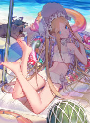 1girl abigail_williams_(fate) abigail_williams_(swimsuit_foreigner)_(fate) abigail_williams_(swimsuit_foreigner)_(third_ascension)_(fate) absurdres ass back bare_shoulders beach bikini blonde_hair blue_eyes blush bonnet bow breasts cat crab fate/grand_order fate_(series) feet feet_up food forehead fruit hair_bow highres innertube legs long_hair looking_at_viewer looking_back lying miniskirt navel on_stomach parted_bangs shore sidelocks skirt small_breasts solo swim_ring swimsuit twintails very_long_hair watermelon white_bikini white_bow white_headwear xingchee