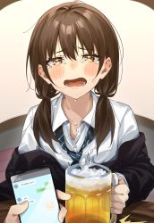 Rule 34 | 1boy, 1girl, absurdres, alcohol, beer, beer mug, blush, brown hair, cellphone, collarbone, collared shirt, crying, crying with eyes open, cup, drunk, highres, indoors, iphone, itame moyashi, jacket, jacket partially removed, looking at viewer, low twintails, mug, necktie, open mouth, original, partially translated, phone, pov, shirt, slam, smartphone, sweat, table, tears, translation request, twintails, unbuttoned, unbuttoned shirt, undone necktie, yellow eyes