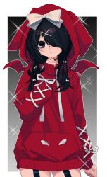 Rule 34 | 1girl, absurdres, ame-chan (needy girl overdose), animal hood, beishangdexiaohaibao, black eyes, black hair, border, bow, choker, closed mouth, cowboy shot, demon wings, fake wings, hair bow, hair down, hair ornament, hair over one eye, hand on own chin, highres, hood, hood up, long hair, long sleeves, looking at viewer, needy girl overdose, official alternate costume, rabbit hood, ribbon, solo, sparkle, standing, white border, white bow, white ribbon, wings, x hair ornament