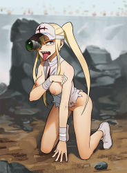 Rule 34 | 10s, 1girl, ankle boots, antabaka, blonde hair, blue eyes, boots, bottomless, breasts, breasts out, eyelashes, hakodate omiko, kill la kill, knee boots, kneeling, long hair, nipples, ponytail, pussy, scope, scouter, sharp teeth, solo, tears, teeth, tongue, tongue out, twintails, uncensored, visor cap, wristband