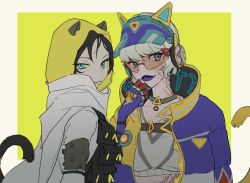 Rule 34 | 2girls, animal ear headphones, animal ears, animification, apex legends, black hair, blue eyes, blue headwear, cat ear headphones, cat tail, facial scar, fake animal ears, headphones, jacket, looking to the side, multicolored clothes, multicolored jacket, multiple girls, official alternate costume, parted lips, purple jacket, purple lips, scar, scar on cheek, scar on face, scarf, short hair, si yu anle, smile, sunglasses, tail, thunder kitty wattson, visor cap, void prowler wraith, wattson (apex legends), white scarf, wraith (apex legends), yellow jacket
