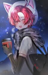 Rule 34 | 1boy, absurdres, animal ear headwear, animal ears, backpack, bag, black mittens, blush, coffee cup, creature, cup, disposable cup, drink, fake animal ears, fangs, from side, hat, highres, holding, holding drink, holostars, holostars english, looking at viewer, machina x flayon, machiroon (machina x flayon), male focus, mittens, night, night sky, open mouth, plaid, plaid scarf, pure (berrypure), red hair, scarf, short hair, sky, solo, star (sky), starry sky, upper body, virtual youtuber, white hat, winter, yellow eyes