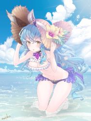 Rule 34 | 10s, 1girl, :o, animal ears, bare legs, bare shoulders, barefoot, bent over, bikini, bikini skirt, blue hair, blue sky, blush, breasts, brown eyes, choker, cleavage, cloud, day, earrings, erune, eyebrows, eyelashes, ferry (granblue fantasy), flower, frills, full body, granblue fantasy, groin, hair between eyes, halterneck, hand on headwear, hands up, hat, hat flower, hat ribbon, hibiscus, jewelry, kneeling, light particles, long hair, looking at viewer, medium breasts, monikon13, navel, ocean, outdoors, ribbon, signature, single earring, sky, solo, stomach, straw hat, sunlight, swimsuit, thigh gap, very long hair, water drop, wavy hair, yellow flower
