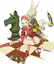 Rule 34 | 2girls, alice in wonderland, animal ears, armor, axe, blonde hair, board game, boots, chess, chessboard, fakepucco, gloves, green eyes, green hair, long hair, multiple girls, pantyhose, queen of hearts (alice in wonderland), see-through, weapon, white rabbit (alice in wonderland)