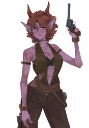 Rule 34 | 1girl, breasts, brown hair, brown overalls, choker, cleavage, colored skin, cowboy shot, elliemaplefox, gun, highres, holding, holding gun, holding weapon, navel, original, overalls, pointy ears, purple skin, short hair, simple background, smile, solo, tattoo, weapon, white background