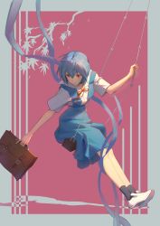 Rule 34 | 1girl, absurdres, ayanami rei, black socks, blue dress, blue hair, blue ribbon, border, briefcase, chinese commentary, commentary request, crossed bangs, dress, from side, full body, grey border, hair between eyes, highres, hokago-tt, holding, holding briefcase, loafers, neck ribbon, neon genesis evangelion, outside border, outstretched arm, pinafore dress, pink background, red eyes, ribbon, sailor collar, sailor shirt, school uniform, shirt, shoes, short hair, sitting, sleeveless, sleeveless dress, socks, solo, swing, white footwear, white shirt