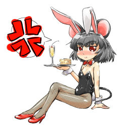 Rule 34 | 1girl, anger vein, animal ears, bad id, bad pixiv id, cheese, drink, female focus, fishnet pantyhose, fishnets, food, full body, grey hair, legs, leotard, lowres, mimidori, mouse ears, mouse tail, nazrin, pantyhose, playboy bunny, rabbit ears, red eyes, shoes, short hair, simple background, sitting, solo, tail, touhou, tray, white background
