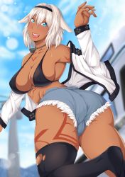 Rule 34 | 1girl, animal ears, ass, bare shoulders, bikini, bikini top only, blue eyes, blush, breasts, caenis (fate/grand order), cameltoe, dark-skinned female, dark skin, denim, denim shorts, dog ears, fate/grand order, fate (series), female focus, from behind, haarmades, hairband, highres, huge ass, large breasts, long hair, looking at viewer, open mouth, short hair, short shorts, shorts, silver hair, single thighhigh, skindentation, smile, solo, swimsuit, tattoo, thighhighs, torn clothes, torn thighhighs