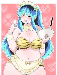 Rule 34 | 1girl, ^ ^, alien, apron, bare shoulders, batter, bikini, blue hair, blush, bow, bowl, bowtie, breasts, cake batter, closed eyes, collar, commentary request, fang, fang out, food in mouth, happy, highres, holding, holding bowl, horns, index finger raised, large breasts, lum, maid, maid apron, maid headdress, multicolored hair, oni, plump, pointy ears, simple background, skindentation, solo, sparkle background, strapless, striped bikini, striped clothes, swimsuit, toyishiki shizuoka, tube top, unconventional maid, urusei yatsura, wrist cuffs