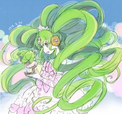 Rule 34 | 1girl, blue eyes, bow, dated, detached sleeves, dress, falulu, forehead jewel, gem, green hair, headphones, long hair, mokeo, open mouth, pink dress, pretty series, pripara, sidelocks, simple background, solo, tiara, twintails