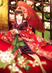 Rule 34 | black hair, flower, hair flower, hair ornament, japanese clothes, kimono, oil-paper umbrella, original, ragi (pluie), red eyes, solo, umbrella