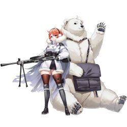 Rule 34 | 1girl, animal, antenna hair, armored boots, armored gloves, bag, bear, belt, bipod, black bag, black belt, black footwear, black gloves, blue eyes, boots, breasts, brown thighhighs, buttons, cape, check weapon, claws, closed mouth, coat, d-log, double-breasted, earmuffs, full body, fur-trimmed coat, fur-trimmed hood, fur trim, gloves, gluteal fold, gun, high collar, highres, holding, holding gun, holding weapon, hood, knee boots, knee pads, last origin, legs apart, looking at viewer, medium breasts, mole, mole on ass, multicolored coat, official art, orange hair, partially unzipped, pixie (last origin), polar bear, pouch, ryan (last origin), scope, short hair, shoulder bag, simple background, sitting, skindentation, smile, solo, standing, tachi-e, thick thighs, thigh pouch, thighhighs, thighs, third-party source, torn cape, torn clothes, transparent background, trigger discipline, two-tone coat, v-shaped eyebrows, waving arm, weapon, white cape, white coat, white fur, zettai ryouiki