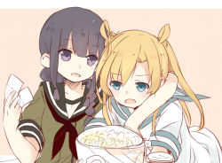 Rule 34 | 10s, 2girls, abukuma (kancolle), black hair, blonde hair, blue eyes, blush, braid, food, fud, hair over shoulder, hair rings, highres, kantai collection, kitakami (kancolle), long hair, multiple girls, open mouth, popcorn, school uniform, serafuku, short sleeves, single braid, ticket