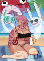 Rule 34 | 1girl, artist request, barefoot, beach, bikini, breasts, curvy, devil fruit, drill hair, full body, ghost, highres, holding, holding umbrella, large breasts, long hair, one piece, perona, pink hair, shiny skin, smile, swimsuit, umbrella, very long hair, wide hips