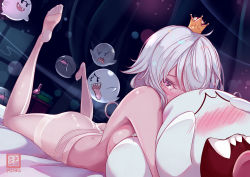 Rule 34 | 1girl, bed, bed sheet, blush, boo (mario), breast press, colored tongue, commentary request, crown, ghost, king boo, long tongue, looking at viewer, lying, mario (series), mini crown, nekomimipunks, nintendo, on stomach, panties, panties under pantyhose, pantyhose, princess king boo, purple eyes, purple tongue, see-through, sharp teeth, slit pupils, super crown, teeth, tongue, tongue out, topless, underwear, white hair, white panties, white pantyhose