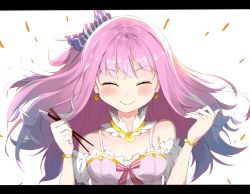 Rule 34 | 0344, 1girl, bare shoulders, blush, breasts, candy hair ornament, chopsticks, cleavage, closed eyes, collarbone, commentary request, crescent, crescent earrings, detached sleeves, earrings, food-themed hair ornament, hair ornament, hair rings, himemori luna, himemori luna (1st costume), hololive, jewelry, letterboxed, long hair, medium breasts, pink hair, simple background, smile, solo, upper body, virtual youtuber, white background