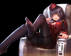 Rule 34 | 10s, 1girl, airplane interior, black background, black bra, black hair, black pantyhose, bra, breasts, couch, date a live, feet, flight attendant, foot focus, hat, heterochromia, highres, indoors, jpeg artifacts, leg lift, long hair, looking at viewer, miniskirt, musyne xsk, no shoes, open clothes, open mouth, open shirt, panties, panties under pantyhose, pantyhose, pantyshot, red eyes, shirt, simple background, sitting, skirt, smile, solo, thighband pantyhose, toes, tokisaki kurumi, travel attendant, twintails, underwear, upskirt, yellow eyes