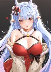 Rule 34 | 1girl, bare shoulders, bell, black background, black bow, blue hair, bow, breasts, catura (granblue fantasy), catura (holiday) (granblue fantasy), cleavage, draph, granblue fantasy, hair bow, highres, horns, kauru00, large breasts, long hair, looking at viewer, neck bell, open mouth, orange eyes, pointy ears, simple background, smile, solo, white horns