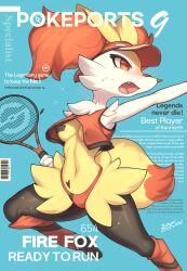 Rule 34 | 1girl, absurdres, animal ear fluff, animal ears, animal feet, animal nose, areola slip, arm up, armpits, artist name, bandaid, bandaid on face, bandaid on nose, barcode, barefoot, black fur, blue background, blush, body fur, braixen, breastless clothes, breasts, character name, clothed pokemon, cover, covered erect nipples, creatures (company), cropped vest, dated, english text, fang, female focus, fox ears, fox girl, fox tail, furry, furry female, game freak, gen 6 pokemon, hat, highres, holding tennis racket, jumping, leg warmers, looking to the side, magazine cover, multicolored fur, navel, neck fur, nintendo, no pants, nose blush, open mouth, outstretched arm, panties, pasties, playing sports, poke ball symbol, pokedex number, pokemon, pokemon (creature), red eyes, red hat, red panties, sideways mouth, signature, small breasts, snout, solo, sparkle, sportswear, spread legs, sticker, stomach, sweat, tail, tape, tape on nipples, thighs, tongue, underwear, vest, visor cap, white fur, yellow fur, zinfyu