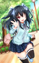 1girl bag black_hair blush breasts highres legs long_hair looking_at_viewer neptune_(series) one_eye_closed open_mouth red_eyes skirt small_breasts smile solo thighs twintails uni_(neptunia) wink