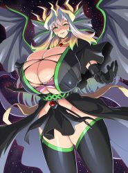 Rule 34 | black dress, black gloves, black legwear, bra, breasts, character request, cleavage, demon girl, dot nose, dress, elbow gloves, evil grin, evil smile, garter straps, gloves, glowing, glowing eyes, green eyes, grin, headgear, highres, horns, huge breasts, impossible clothes, kloah, looking at viewer, no panties, pink bra, shiny clothes, shiny skin, sidelocks, silver hair, skin tight, skindentation, slit pupils, smile, space, thick thighs, thighhighs, thighs, underwear, wings